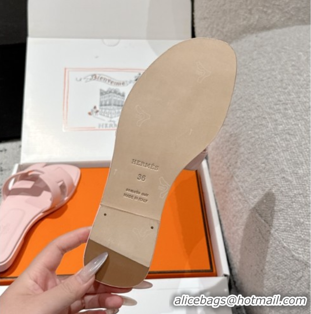 Best Product Hermes Classic Oran Flat Slides Sandal in Shiny Calfskin Pink 0606137