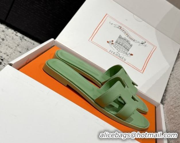 Lower Price Hermes Classic Oran Flat Slides Sandal in Shiny Calfskin Green 0606139