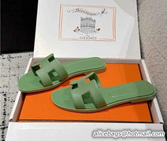 Lower Price Hermes Classic Oran Flat Slides Sandal in Shiny Calfskin Green 0606139