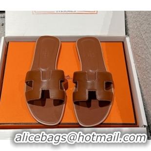 Shop Cheap Hermes Classic Oran Flat Slides Sandal in Shiny Calfskin Brown 0606140