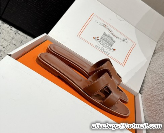 Shop Cheap Hermes Classic Oran Flat Slides Sandal in Shiny Calfskin Brown 0606140