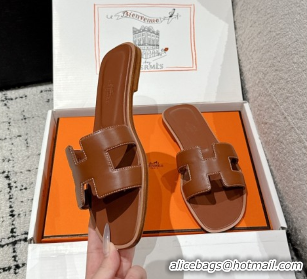 Shop Cheap Hermes Classic Oran Flat Slides Sandal in Shiny Calfskin Brown 0606140