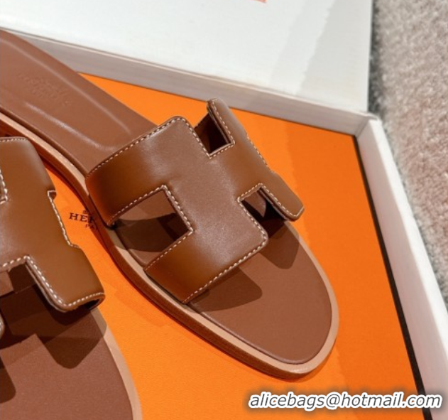 Shop Cheap Hermes Classic Oran Flat Slides Sandal in Shiny Calfskin Brown 0606140