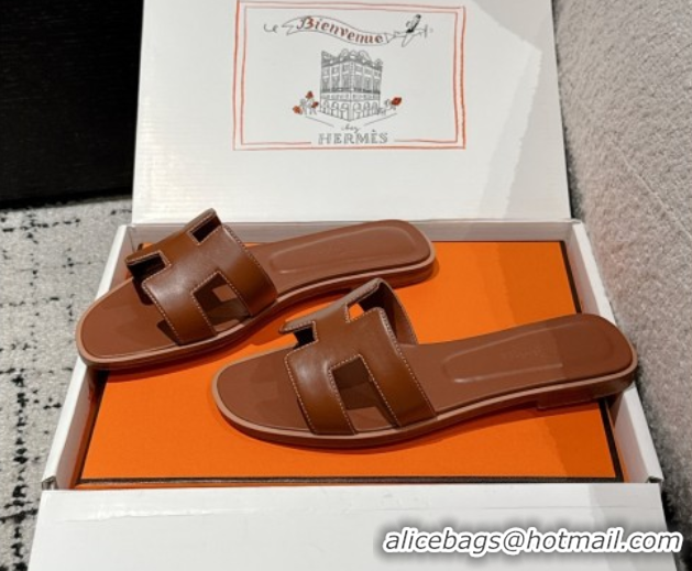 Shop Cheap Hermes Classic Oran Flat Slides Sandal in Shiny Calfskin Brown 0606140