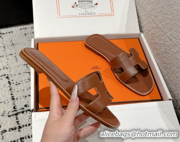 Shop Cheap Hermes Classic Oran Flat Slides Sandal in Shiny Calfskin Brown 0606140