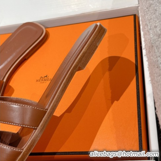 Shop Cheap Hermes Classic Oran Flat Slides Sandal in Shiny Calfskin Brown 0606140