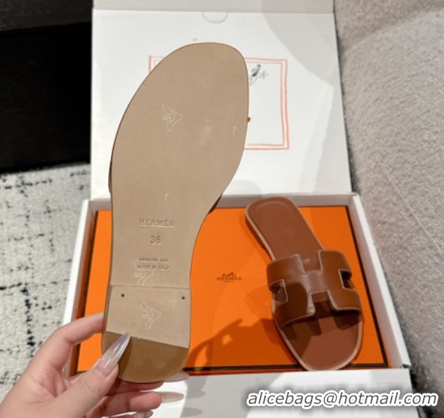 Shop Cheap Hermes Classic Oran Flat Slides Sandal in Shiny Calfskin Brown 0606140