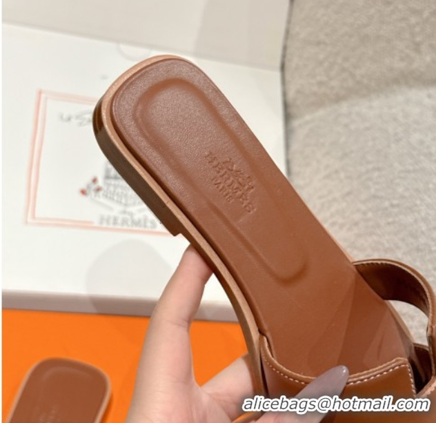 Shop Cheap Hermes Classic Oran Flat Slides Sandal in Shiny Calfskin Brown 0606140
