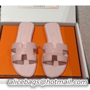 Top Design Hermes Classic Oran Flat Slides Sandal in Shiny Calfskin Pink 0606141