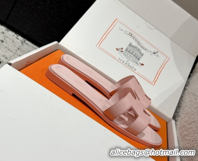 Top Design Hermes Classic Oran Flat Slides Sandal in Shiny Calfskin Pink 0606141