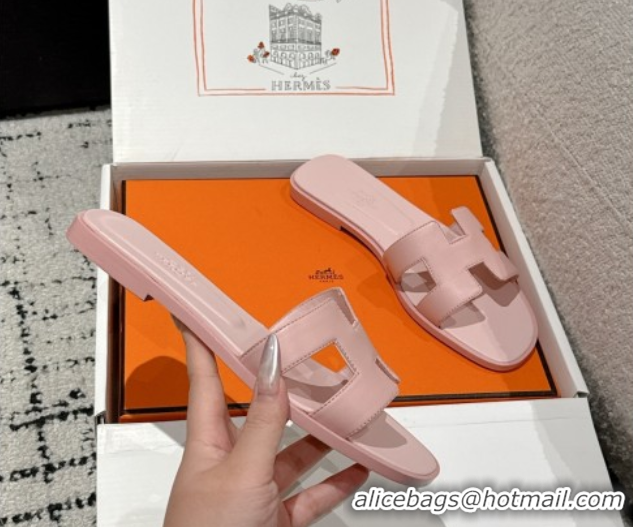 Top Design Hermes Classic Oran Flat Slides Sandal in Shiny Calfskin Pink 0606141