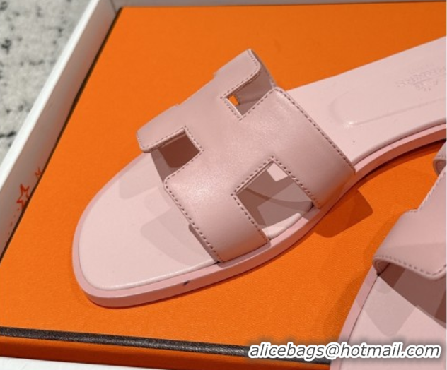 Top Design Hermes Classic Oran Flat Slides Sandal in Shiny Calfskin Pink 0606141