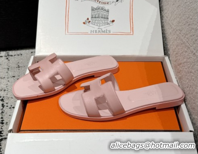 Top Design Hermes Classic Oran Flat Slides Sandal in Shiny Calfskin Pink 0606141