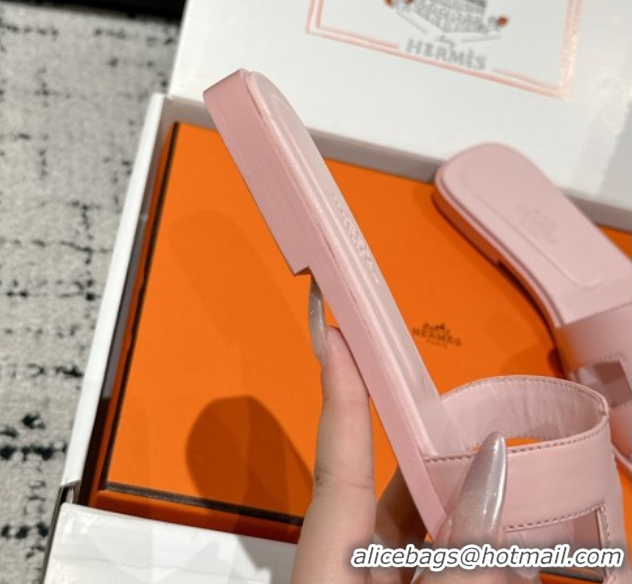 Top Design Hermes Classic Oran Flat Slides Sandal in Shiny Calfskin Pink 0606141