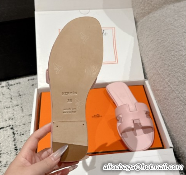 Top Design Hermes Classic Oran Flat Slides Sandal in Shiny Calfskin Pink 0606141