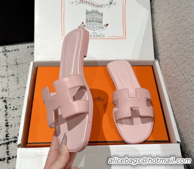 Top Design Hermes Classic Oran Flat Slides Sandal in Shiny Calfskin Pink 0606141