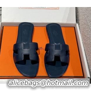 Cheap Price Hermes Classic Oran Flat Slides Sandal in Shiny Calfskin Dark Blue 0606142