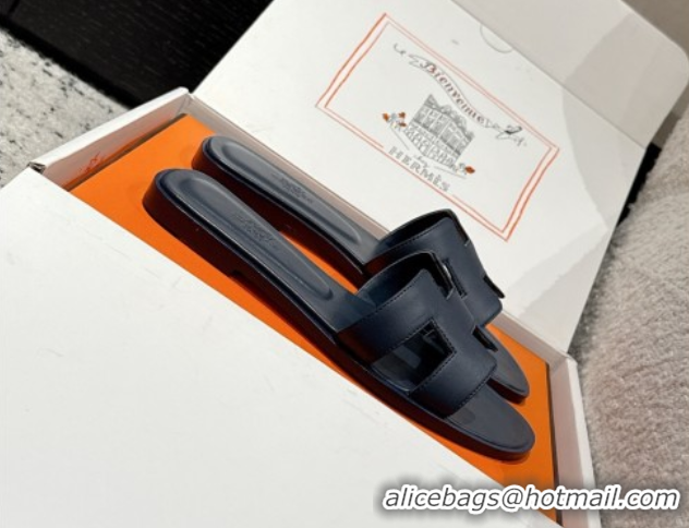 Cheap Price Hermes Classic Oran Flat Slides Sandal in Shiny Calfskin Dark Blue 0606142