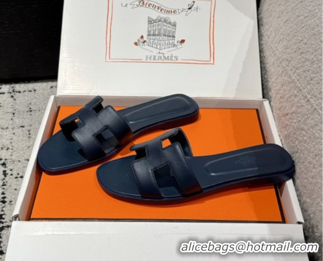 Cheap Price Hermes Classic Oran Flat Slides Sandal in Shiny Calfskin Dark Blue 0606142