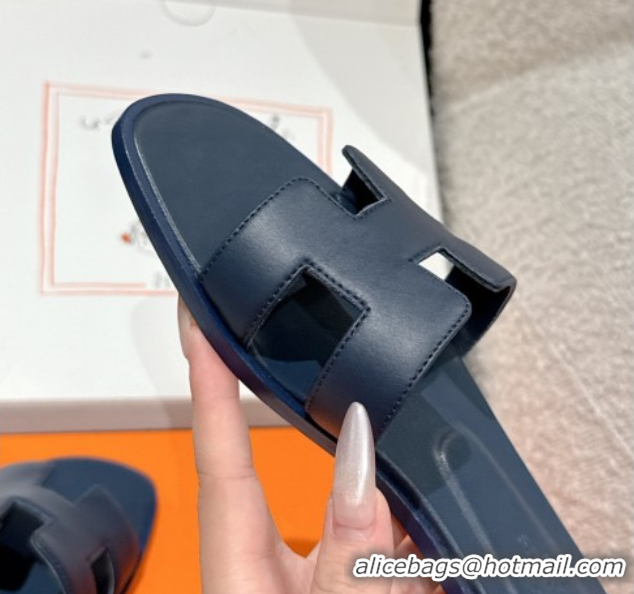 Cheap Price Hermes Classic Oran Flat Slides Sandal in Shiny Calfskin Dark Blue 0606142