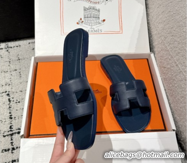 Cheap Price Hermes Classic Oran Flat Slides Sandal in Shiny Calfskin Dark Blue 0606142