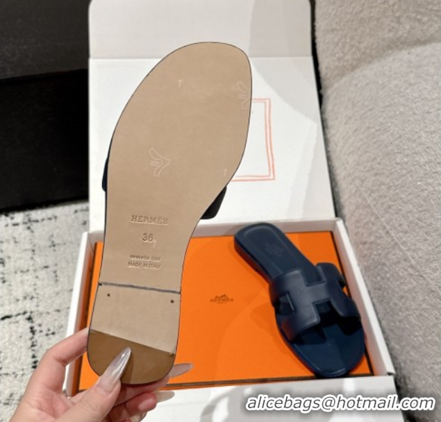 Cheap Price Hermes Classic Oran Flat Slides Sandal in Shiny Calfskin Dark Blue 0606142