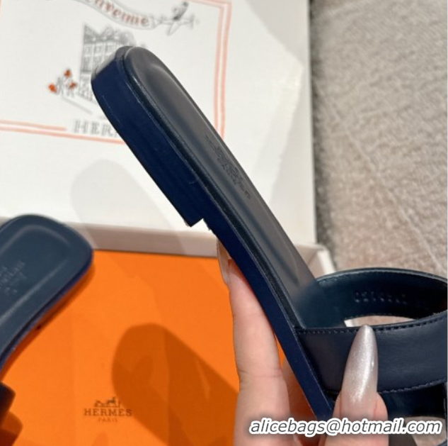 Cheap Price Hermes Classic Oran Flat Slides Sandal in Shiny Calfskin Dark Blue 0606142