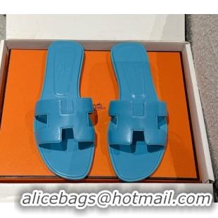 Best Price Hermes Classic Oran Flat Slides Sandal in Shiny Calfskin Blue 0606143