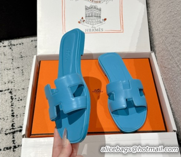 Best Price Hermes Classic Oran Flat Slides Sandal in Shiny Calfskin Blue 0606143