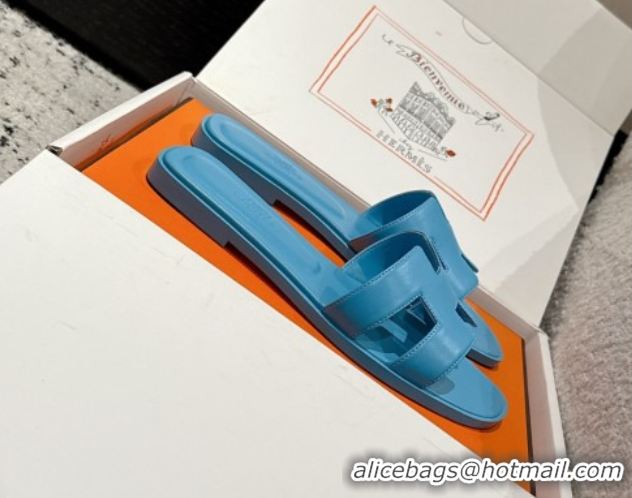 Best Price Hermes Classic Oran Flat Slides Sandal in Shiny Calfskin Blue 0606143
