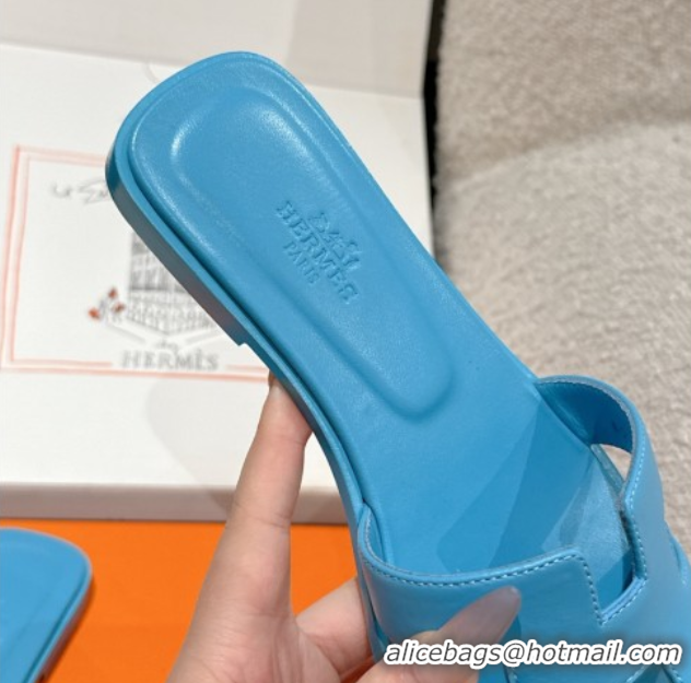 Best Price Hermes Classic Oran Flat Slides Sandal in Shiny Calfskin Blue 0606143