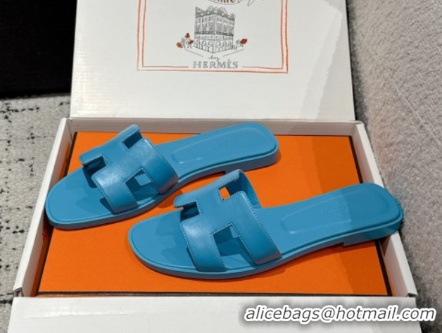 Best Price Hermes Classic Oran Flat Slides Sandal in Shiny Calfskin Blue 0606143
