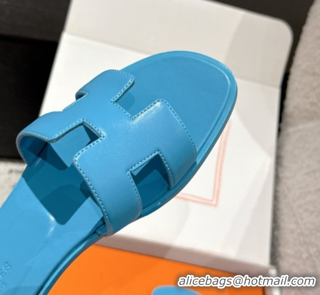 Best Price Hermes Classic Oran Flat Slides Sandal in Shiny Calfskin Blue 0606143