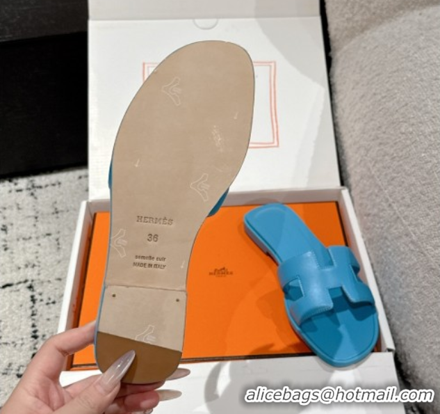 Best Price Hermes Classic Oran Flat Slides Sandal in Shiny Calfskin Blue 0606143