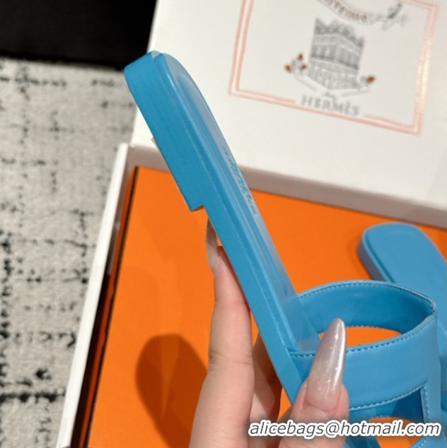 Best Price Hermes Classic Oran Flat Slides Sandal in Shiny Calfskin Blue 0606143