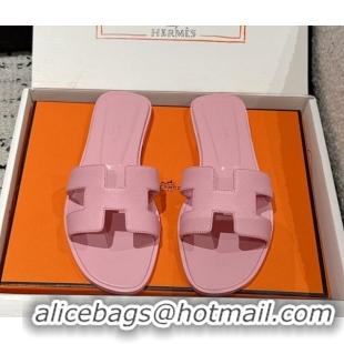Shop Duplicate Hermes Classic Oran Flat Slides Sandal in Palm-Grained Leather Pink 0606150