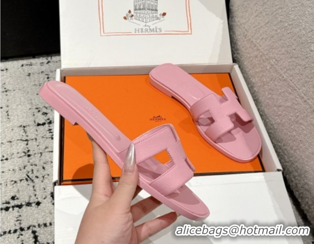 Shop Duplicate Hermes Classic Oran Flat Slides Sandal in Palm-Grained Leather Pink 0606150