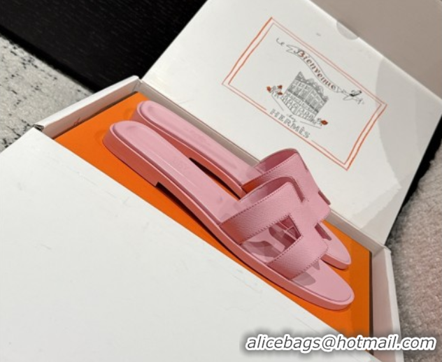 Shop Duplicate Hermes Classic Oran Flat Slides Sandal in Palm-Grained Leather Pink 0606150