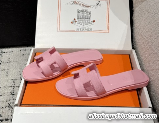 Shop Duplicate Hermes Classic Oran Flat Slides Sandal in Palm-Grained Leather Pink 0606150
