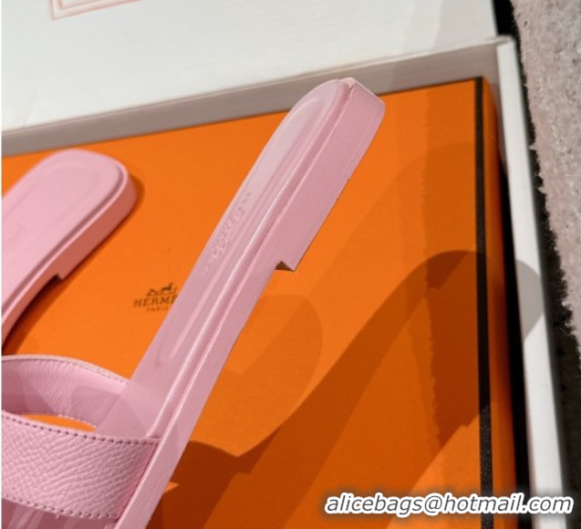 Shop Duplicate Hermes Classic Oran Flat Slides Sandal in Palm-Grained Leather Pink 0606150