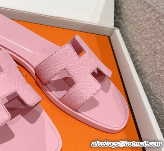 Shop Duplicate Hermes Classic Oran Flat Slides Sandal in Palm-Grained Leather Pink 0606150