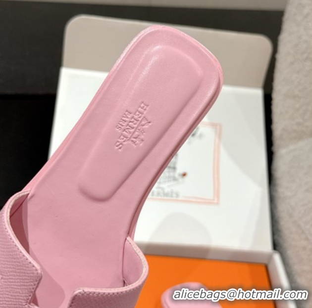 Shop Duplicate Hermes Classic Oran Flat Slides Sandal in Palm-Grained Leather Pink 0606150