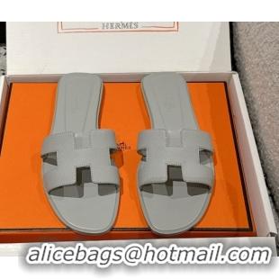 Purchase Hermes Classic Oran Flat Slides Sandal in Palm-Grained Leather Grey 0606148
