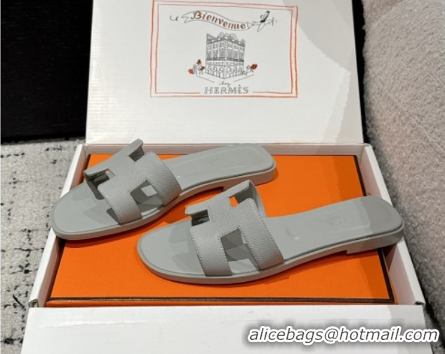 Purchase Hermes Classic Oran Flat Slides Sandal in Palm-Grained Leather Grey 0606148