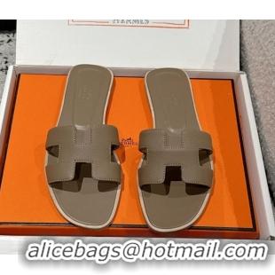 Top Grade Hermes Classic Oran Flat Slides Sandal in Palm-Grained Leather Grey 0606146