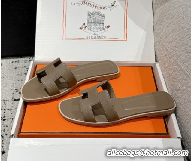 Top Grade Hermes Classic Oran Flat Slides Sandal in Palm-Grained Leather Grey 0606146