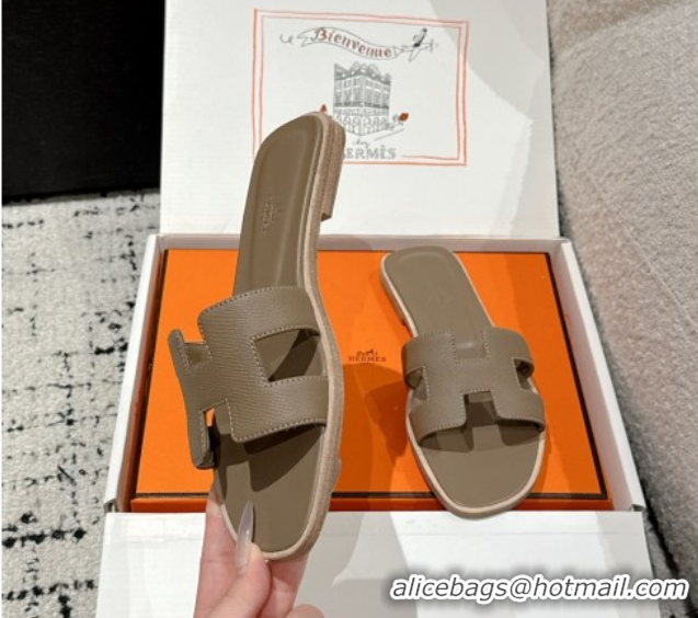 Top Grade Hermes Classic Oran Flat Slides Sandal in Palm-Grained Leather Grey 0606146