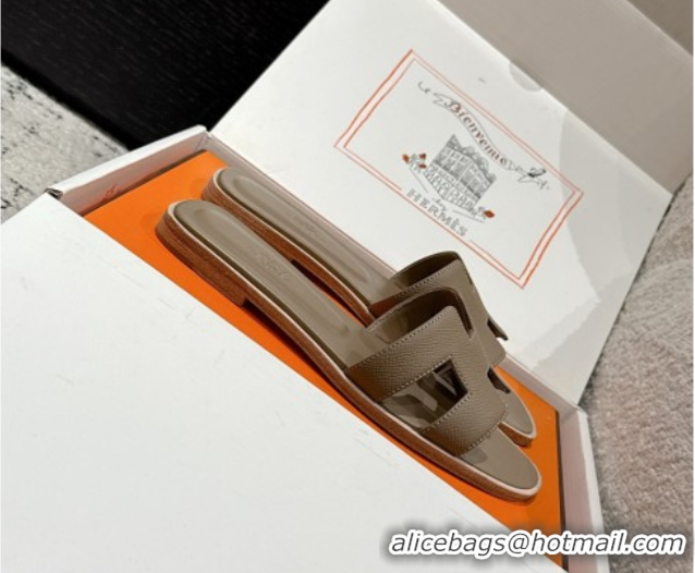 Top Grade Hermes Classic Oran Flat Slides Sandal in Palm-Grained Leather Grey 0606146