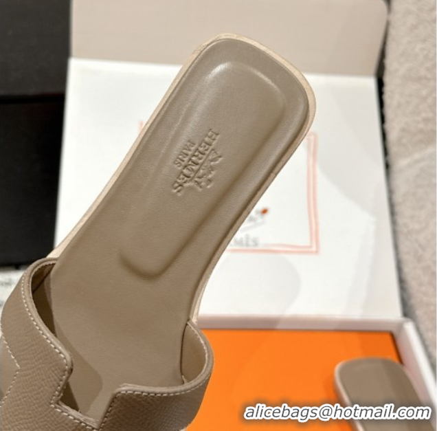 Top Grade Hermes Classic Oran Flat Slides Sandal in Palm-Grained Leather Grey 0606146