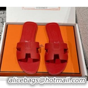 Hot Style Hermes Classic Oran Flat Slides Sandal in Palm-Grained Leather Red 0606144